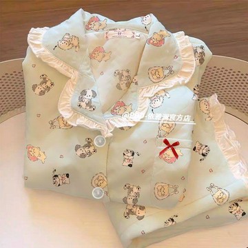 Xuan♥睡衣女甜美小狗可愛貓咪荷葉邊秋冬季薄款高級感家居服套裝可外穿