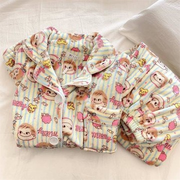 秋冬季法蘭絨睡衣少女日系卡通可愛條紋不二家對襟開衫長袖家居服