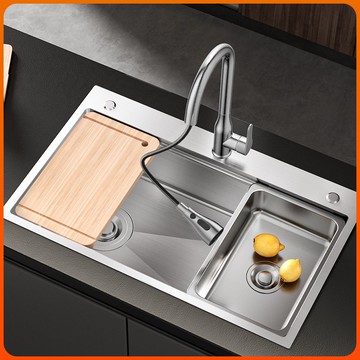 優樂悅~卡貝水槽加厚左側排3MM家用洗碗池304不銹鋼手工單槽廚房洗菜盆配水槽 水槽配件 水槽架 洗理臺