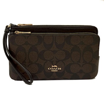 COACH 新款C LOGO雙層大手拿包零錢包(大款-深咖)