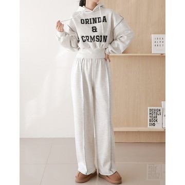 ANNAS 正韓刷毛拷克邊連帽字母套裝 長袖加絨加厚棉上衣 刷毛高腰寬褲 顯瘦百搭休閒韓國