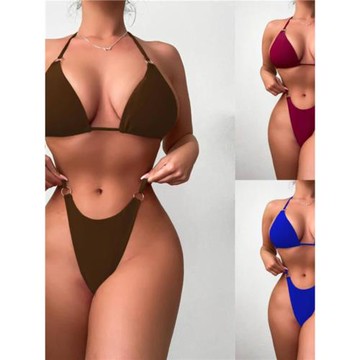 2023歐美女士比基尼純色性感分體辣妹溫泉度假bikini三角泳衣