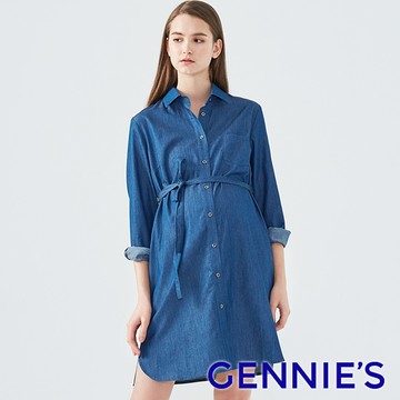 Gennies奇妮 經典牛仔款長版襯衫洋裝/外套(深藍T1F09)