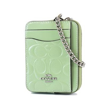 COACH 漆皮浮雕LOGO鍊帶證件零錢包-綠色