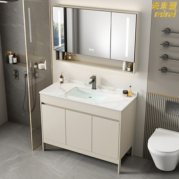 【太空鋁防潮】浴室櫃組合 洗漱臺 洗臉盆 洗手盆 衛浴櫃 陶瓷一體盆 落地式設計 多層儲物空間 衛生間乾溼區通用