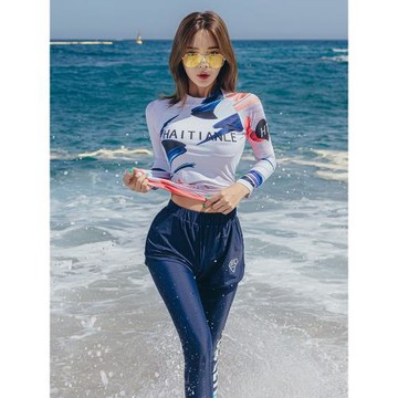 泳衣女分體平角保守圓領套頭帶胸墊長袖長褲全身防曬沖浪潛水服