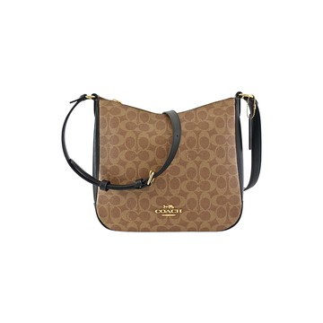 COACH 棕色C LOGO防刮PVC 拼接黑色素面皮革拉鍊斜背扁包