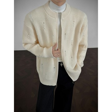 2025秋冬新款紋理感寬松街頭上衣拉鏈開衫破洞設計感慵懶風毛衣鑫弘-衣錦男裝