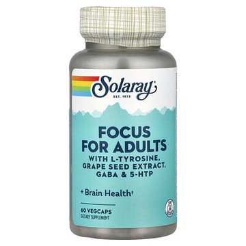 Solaray, Focus For Adults，含 L-酪氨酸、葡萄籽提取物、γ-氨基丁酸和 5-HTP，60 粒素食膠囊