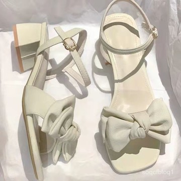 夏季流行蝴蝶結女中跟新款今年時尚粗跟一字帶2025年洋氣女鞋子涼鞋 跟鞋 舞鞋 粗跟鞋 上班鞋 日系鞋 福樂鞋 小香風鞋