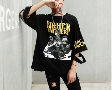 FINDSENSE H1 2018 夏季 新款 個性 袖口拉鏈 人物印花 百搭 短袖 寬鬆 T恤 潮流 時尚 男