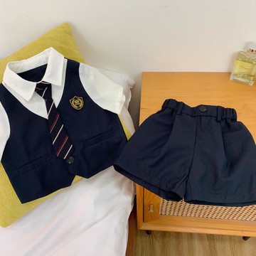 童辰辰媽童裝學院風假兩件套裝夏季兒童時髦短袖襯衫男童西褲短褲