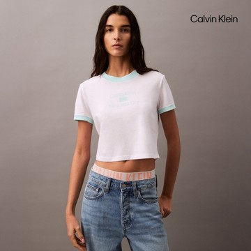 【Calvin Klein】 CK 對比色邊標誌短版 T 恤_白色
