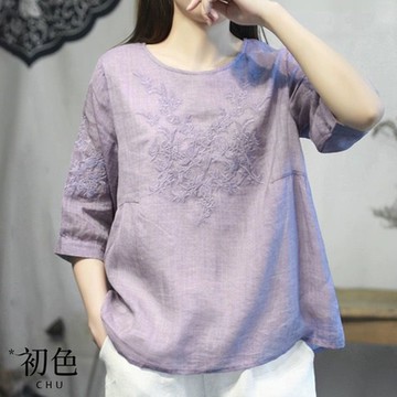初色  圓領棉麻風刺繡上衣七分長袖T恤女上衣-共2色-34775(M-2XL可選)