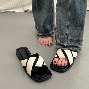 【LN】★ 質感交叉帶平底拖鞋(一字拖/女鞋/撞色)