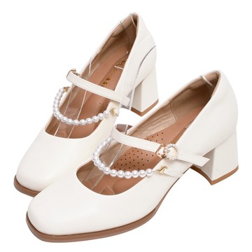 ANNSTAR 春妞聯名-經典赫本3WAY可拆鍊條瑪莉珍跟鞋6cm-米白