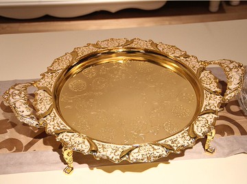 新款金屬歐式奢華高檔合金托盤家居酒家KTV時尚帶腳金白色大果盤