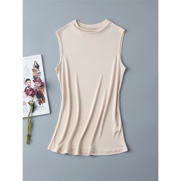 重磅雙面針織真絲半領背心女 新款桑蠶絲無袖內搭上衣修身打底衫