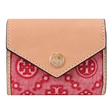 TORY BURCH 織布壓花拼接扣式三折小短夾.淺褐/紅