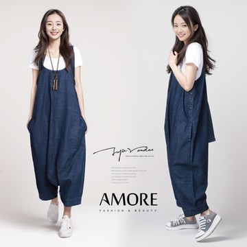 【Amore】日韓文青率性牛仔吊帶褲