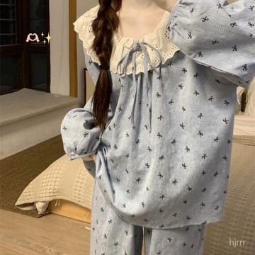 睡衣女春秋季韓版甜美蕾絲蝴蝶結舒適棉長袖長褲家居服套裝學生 雲朵棉 睡衣套裝 長袖長褲 睡衣 女生休閒居家服 兩件式睡衣