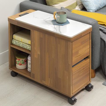 【Homelike】喜家居積層木色岩板附插座活動沙發邊櫃(2504)