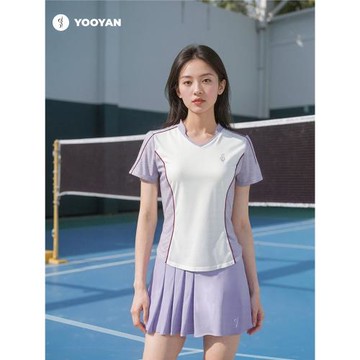 YOOYAN 紫粉色短袖羽毛球服女運動訓練速干透氣 飛鳥紋新中式V領