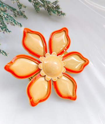 Vintage Jewelry  粉橘色調 琺瑯花 花卉 別針  胸針
