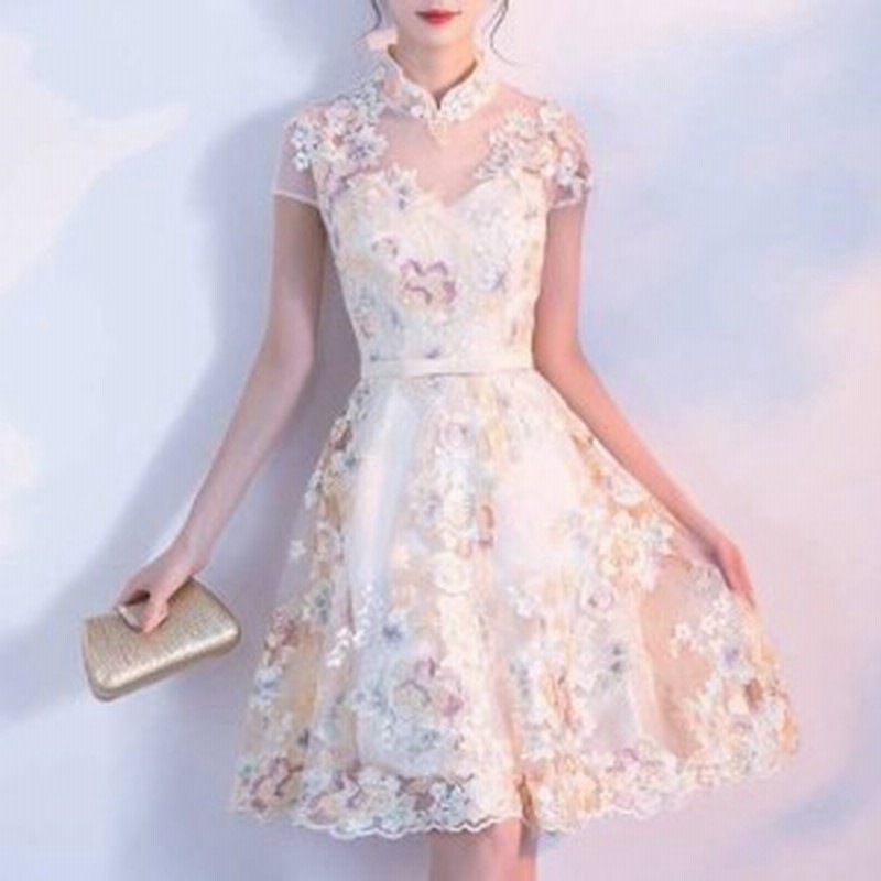 ワンピースドレス パーティードレス 春夏 結婚式 大きいサイズ ひざ丈 半袖 Xライン チュール シフォン レース 花柄 刺繍 代 通販 Lineポイント最大1 0 Get Lineショッピング