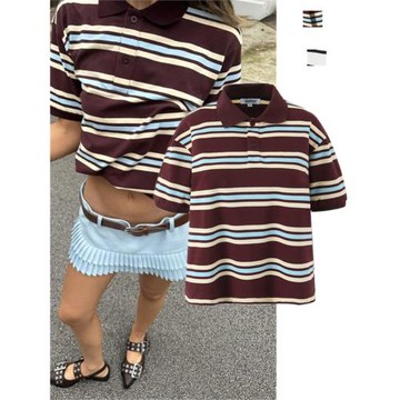 美式復古polo領條紋寬松T恤學院風撞色百搭慵懶感休閑時髦精上衣