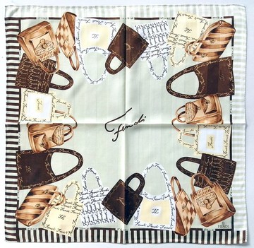 Fendi 古董絲巾 – 手提袋圖案，綴以字跡與條紋，23 x 22.5 英吋