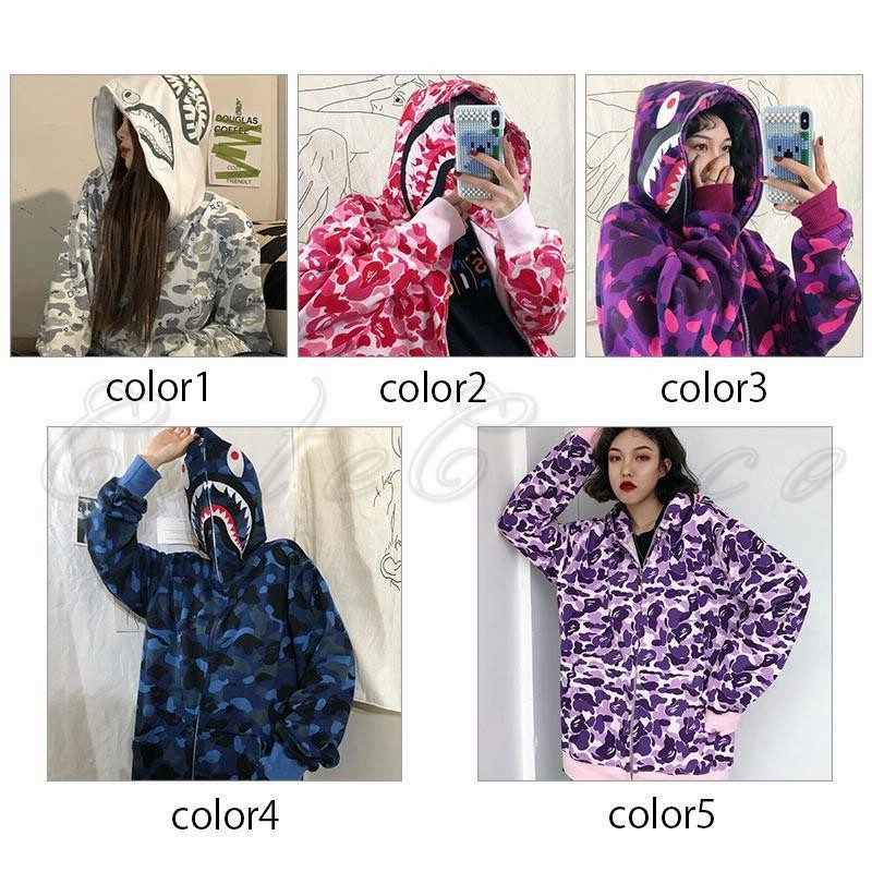 ジップアップパーカー レディース 長袖 迷彩柄 カモフラ?サメ柄