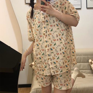 ins卡通狗狗純棉睡衣女圓領寬松夏季家居服日系2023短袖短褲套裝