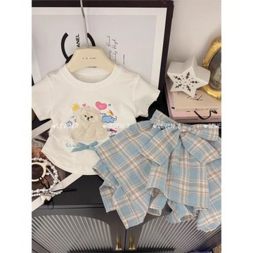 女小童夏季2025新款兒童洋氣愛心小狗短袖T恤時髦格子裙褲兩件套2