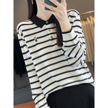 打底衫女2026新款春秋洋氣繡花條紋顯瘦針織上衣大碼女裝秋冬毛衣