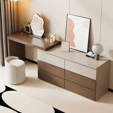 實木梳妝臺 2025新款意式輕奢風女生化妝桌 現代臥室梳妝桌斗櫃收納儲物一體式 床尾櫃 可伸縮多功能書桌化妝臺學習辦公桌