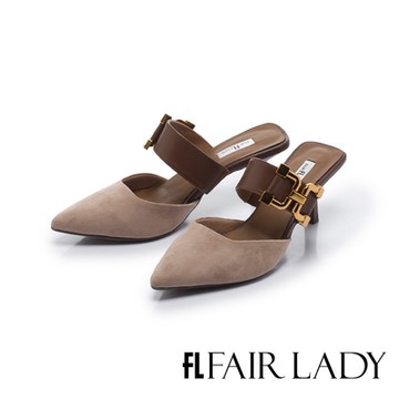 FAIR LADY 優雅小姐 撞色帶釦穆勒高跟鞋 奶茶 (402592)