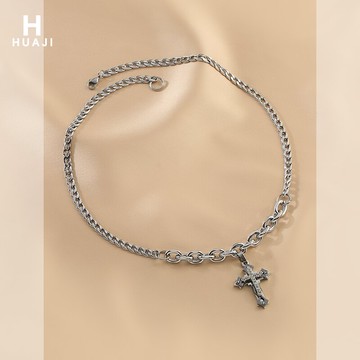 花跡帶鉆十字架項鏈女潮酷嘻哈冷淡風秋冬季衛衣鏈時尚個性頸鏈