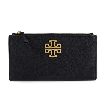 TORY BURCH BRITTEN 金屬鏤空雙T LOGO鵝卵石紋皮革多卡式長夾(黑色)