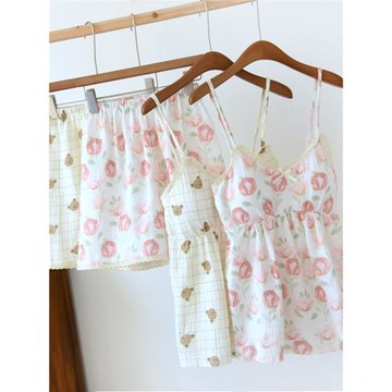 夏季帶胸墊睡衣女吊帶短褲純棉棉紗薄款韓版可愛清新家居服套裝