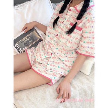 INS韓系純棉櫻桃短袖短褲套裝睡衣可愛娃娃領夏季翻領甜美家居服