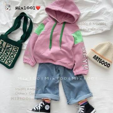 🌈✨mix1001 大童 綠色拼接袖連帽上衣✨兒童寬鬆大版微小連帽上衣 19-21