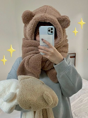 毛絨小熊保暖耳朵圍巾一體女秋冬季百搭日系甜美可愛冬天帽子