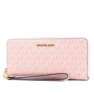 MICHAEL KORS 金字緹花LOGO防刮皮革多卡層手掛式拉鍊長夾-霧粉