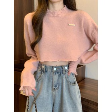 樹莓粉短款針織打底衫女早秋穿搭高腰寬松截短毛衣小個子長袖上衣