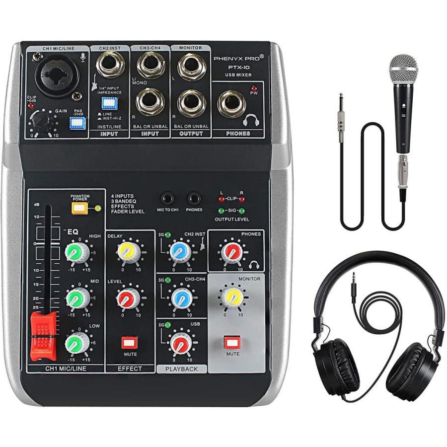 Phenyx Pro USB Audio Interface Audio Mixer Bundle, 4-Input, 3-Band EQ,