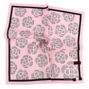 CLATHAS經典燙金LOGO滿版格紋山茶花帕巾-粉紅色