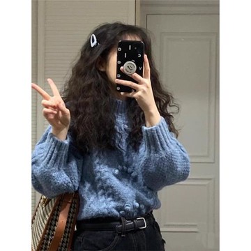 復古重工鉤花藍色麻花毛衣女秋冬外穿設計感針織衫小個子短款上衣