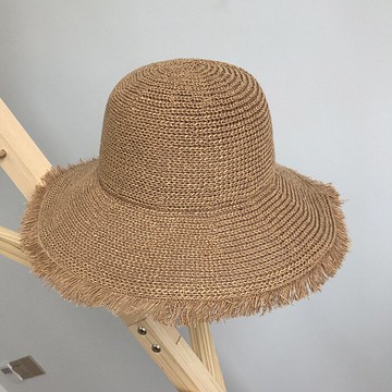 簡約草編加棉線鉤針韓版毛邊防曬海邊漁夫帽女夏天盆帽折疊草帽子1入
