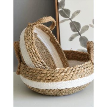 收納筐草編藤編收納籃雜物桌面編織零食儲物籃子框圓形帶手柄家用